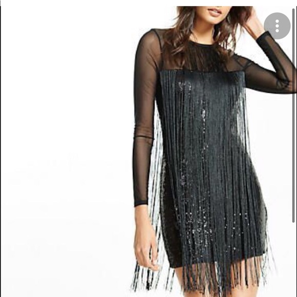 Express Dresses & Skirts - Express size 2 black dress black long sleeve fringe mini dress sheer sleeves
